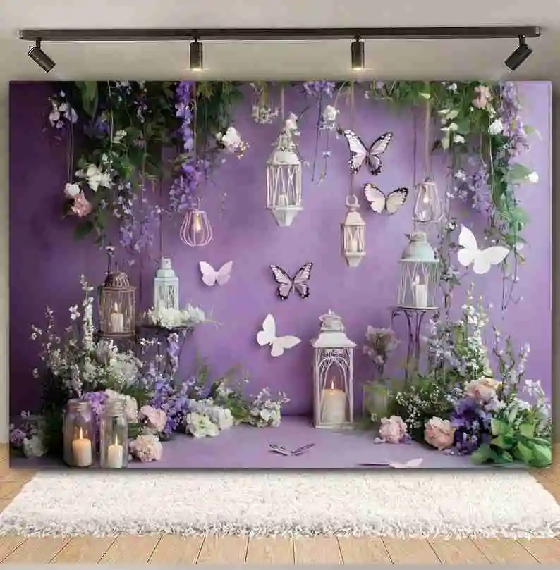 خلفية حديقة خرافية حالمة للتصوير الفوتوغرافي على شكل فراشة أرجوانية وزهور جدارية وشمعة استحمام الطفل وأعياد الميلاد والزفاف وخلفية الصورة #4