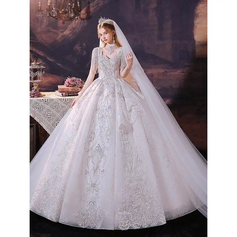 Maria Novia Customized Luxury Beading Wedding Dress Short Sleeve Sweethear Neck Ball Gown Lace Appliques Bride Gowns 