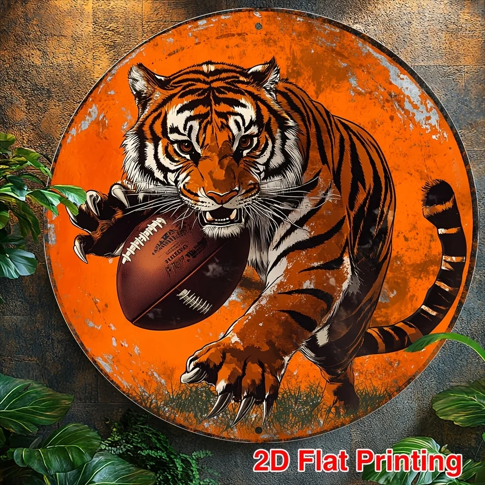 Rundes Schild Wandkunst, Vintage Tiger und Fußball Metallschild, Bar Küche Kaffeeschild, für Zuhause Zimmer, Thanksgiving Weihnachtsgeschenke