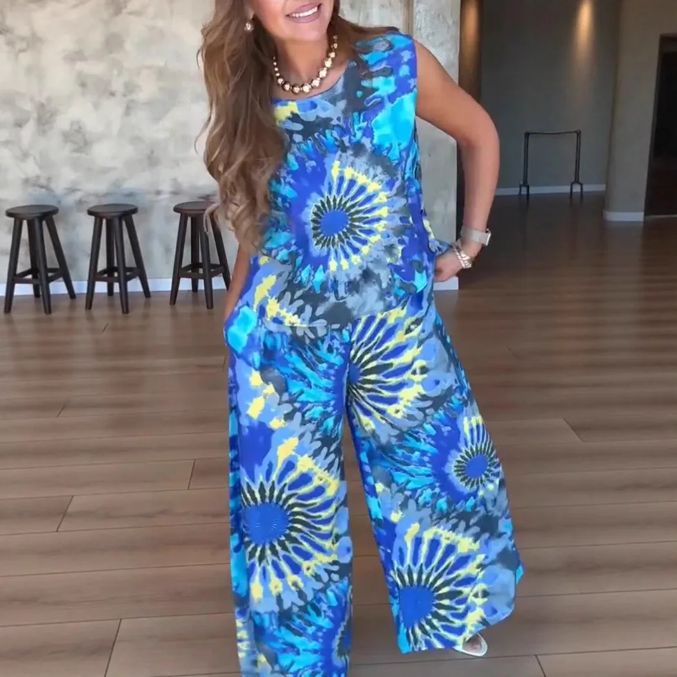 

Summer Ethnic Style Women's Clothing 2 Piece Set Sleeveless Round Neck Printed Top & Wide Leg Pants Loose