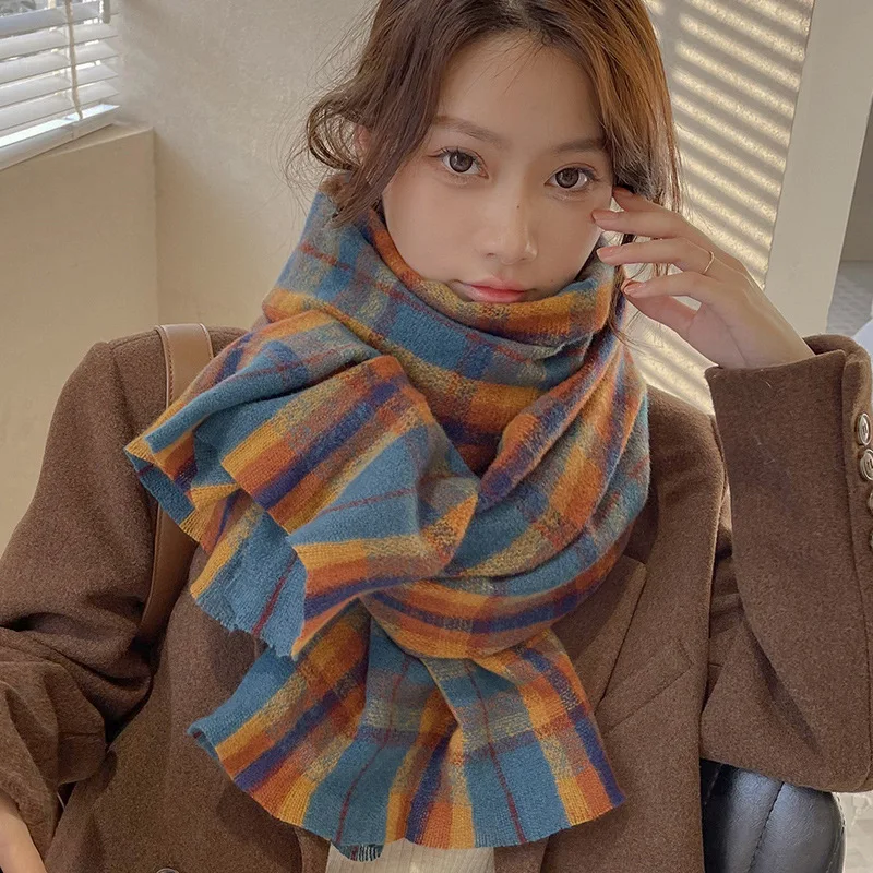 

2022 New Rainbow Plaid Scarf Women Men Vintage Winter Imitation Cashmere Shawl Scarves Thicken Pashmina Warm Couple Long Wraps