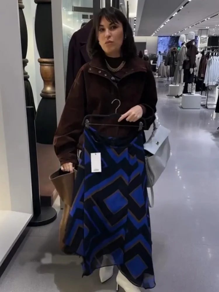 HH Women's Spring Fashion Versatile Printed Asymmetrical Midi Skirt Female Chic High Street Commuting Niche Casual Zipper Skirt