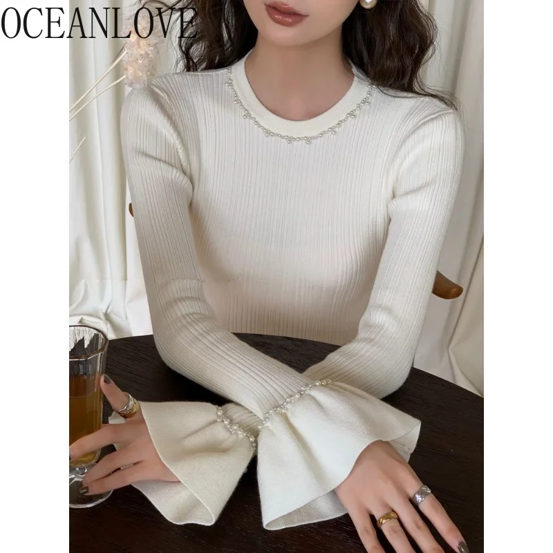 OCEANLOVE Flare Sleeve Sweaters Women Tops Solid Beading Vintage Autumn Winter Pull Femme Korean Fashion Elegant Pullovers