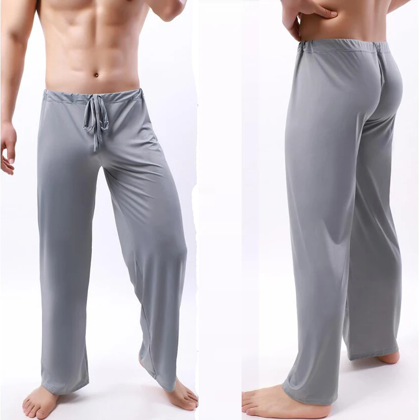 Sexy Men\'s Casual Pyjama Pants Solid Color Ice Silk Drawstring Elastic Waist Loose-Fitting Yoga Trouser Lounge Pajama Pants