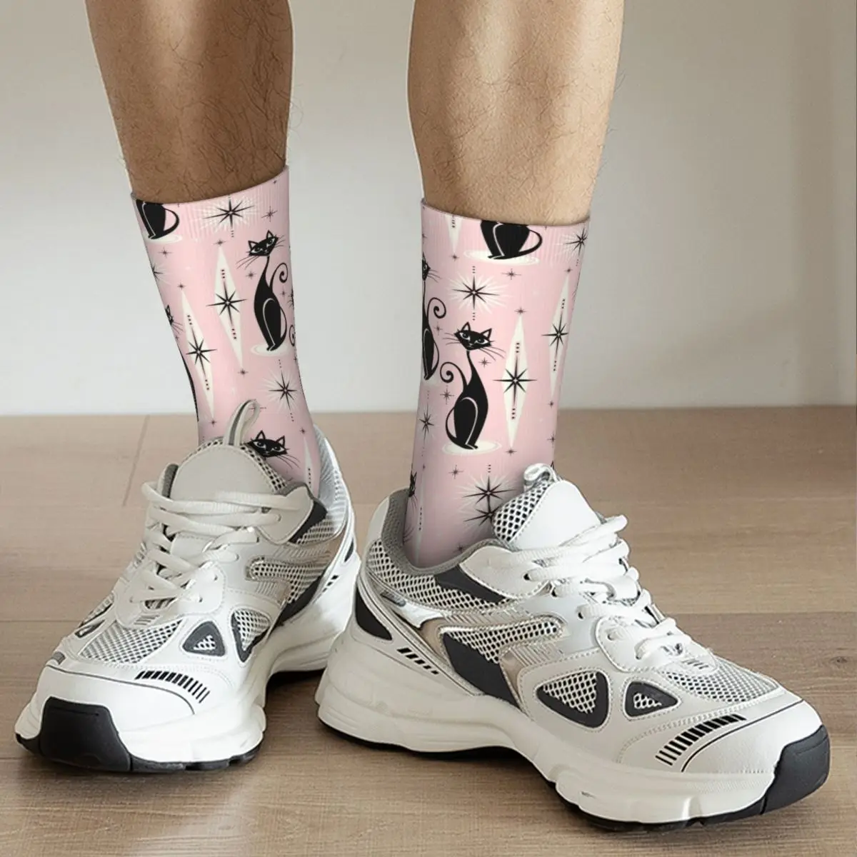 Calcetines de gato atómico Retro Meow de mediados de siglo, medias absorbentes de sudor Harajuku, calcetines largos para todas las estaciones, accesorios para regalos Unisex