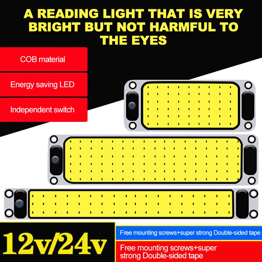 12-24V Car Dome Light COB Reading Night Strip Interior Ceiling Lamp 6000K with On Off Switch 54/84/108 Smd for Van Lorry Truck