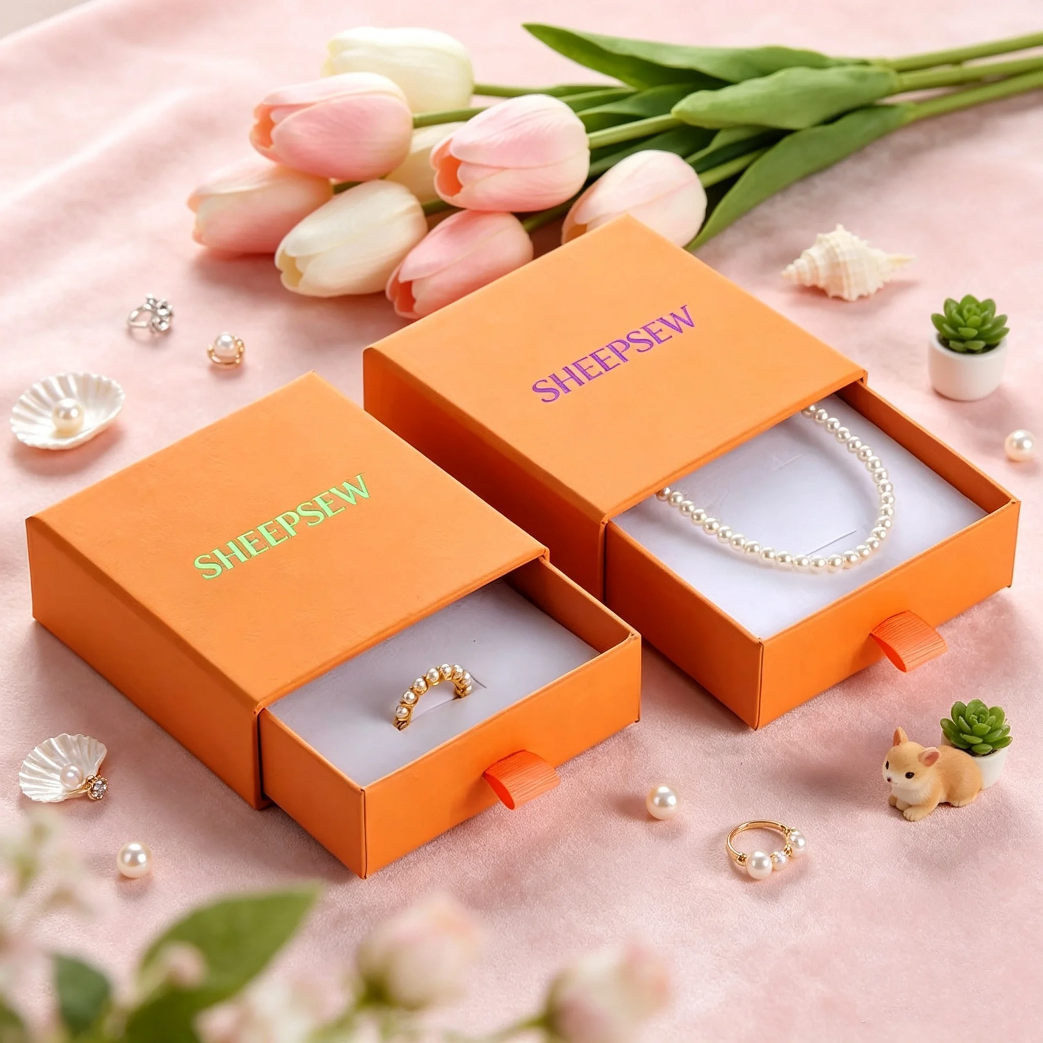 50pcs Sheepsew Fashion Orange Custom Gold Logo Printed White Foam Insert Jewelry Boxes Sliding Drawer Earrings Necklace Box Pack