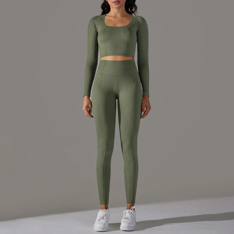 Women's High Waist Seamless Leggings 2 Piece Workout Yoga Set Long Sleeve Solid Top Gym Sportswear Knitted Running Clothes MIML