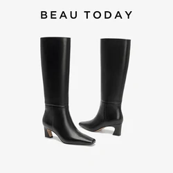 BEAUTODAY Long Boots Women Genuine Cow Leather Square Toe Solid Color Slip-on Elegant Boots Office Ladies Shoes Handmade 01329