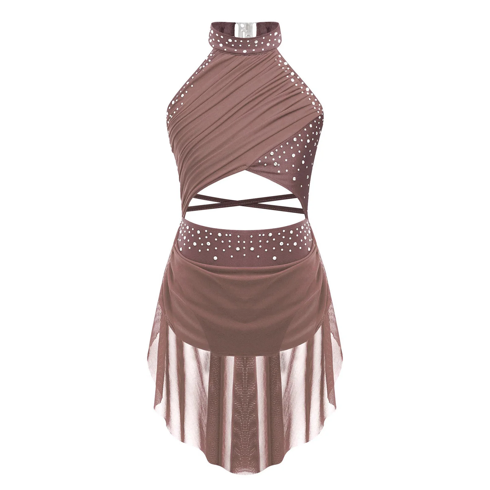 Girls Modern Lyrical Dance Performance Costume Shiny Rhinestone Mesh Figure Skating Ballet Gymnastics Acrobatics Leotard Dress