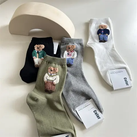New Trendy Cartoon Bear Mid-Calf Cotton Socks for Women Casual Sweater Adult Female Bear Socks Comfortable Breathable Home Wear