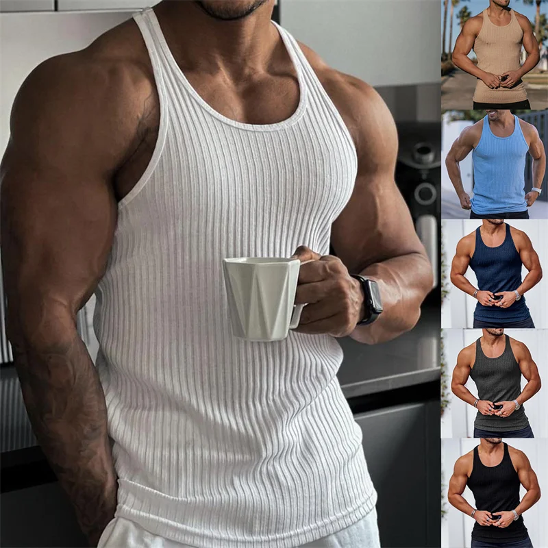 2024 Summer men Vest stripe gym Tank top Men Fitness sleeveless shirt Male Exercise Sports vest Undershirt Bodybuilding clothing