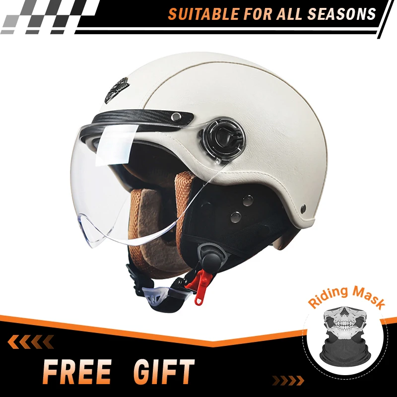 高品質レザーレトロ3-4オープンフェイスオートバイヘルメット軽量大人男女兼用ヴィンテージジェットヘルメットスクーターカルーザーdot