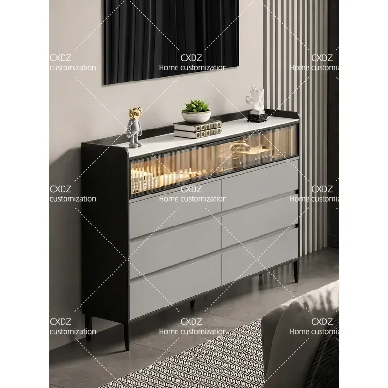 Modern Ultra Thin Bedside Cabinet with Rock Slab Top 8 Drawer Chest Locker Simple Wall Mounted Storage Unit for Bedroom