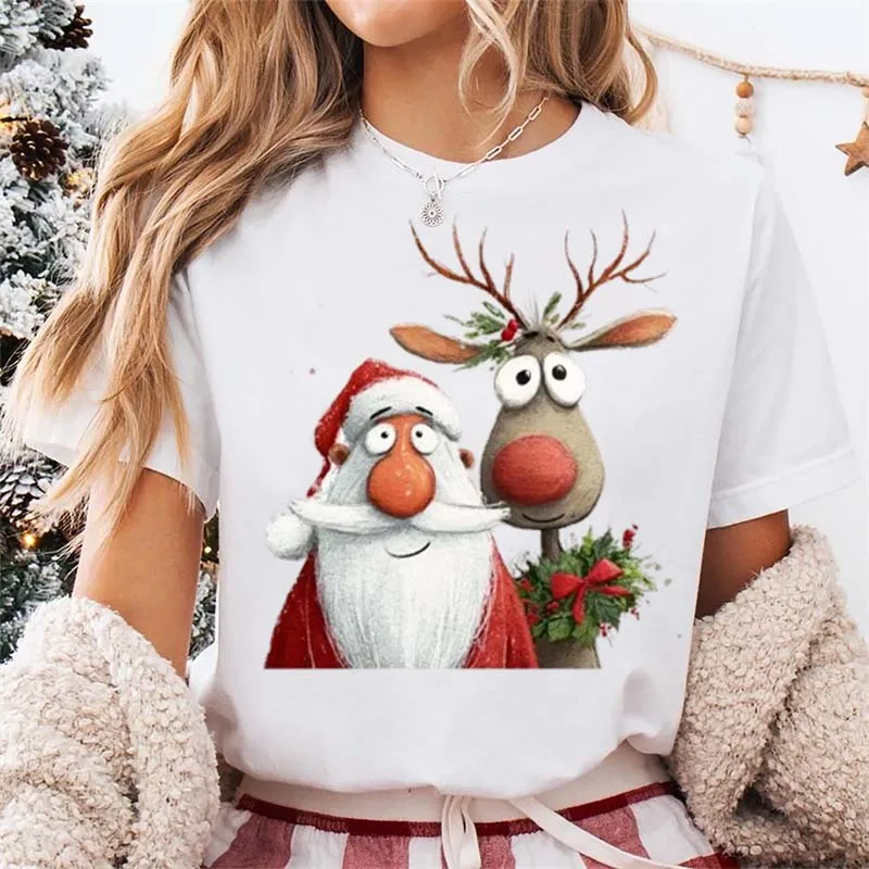 Santa Claus Reindeer Print Cute Pattern Party Holiday Basic Women's Short Sleeved Fashionable Cartoon Round Neck Gift T-Shirt