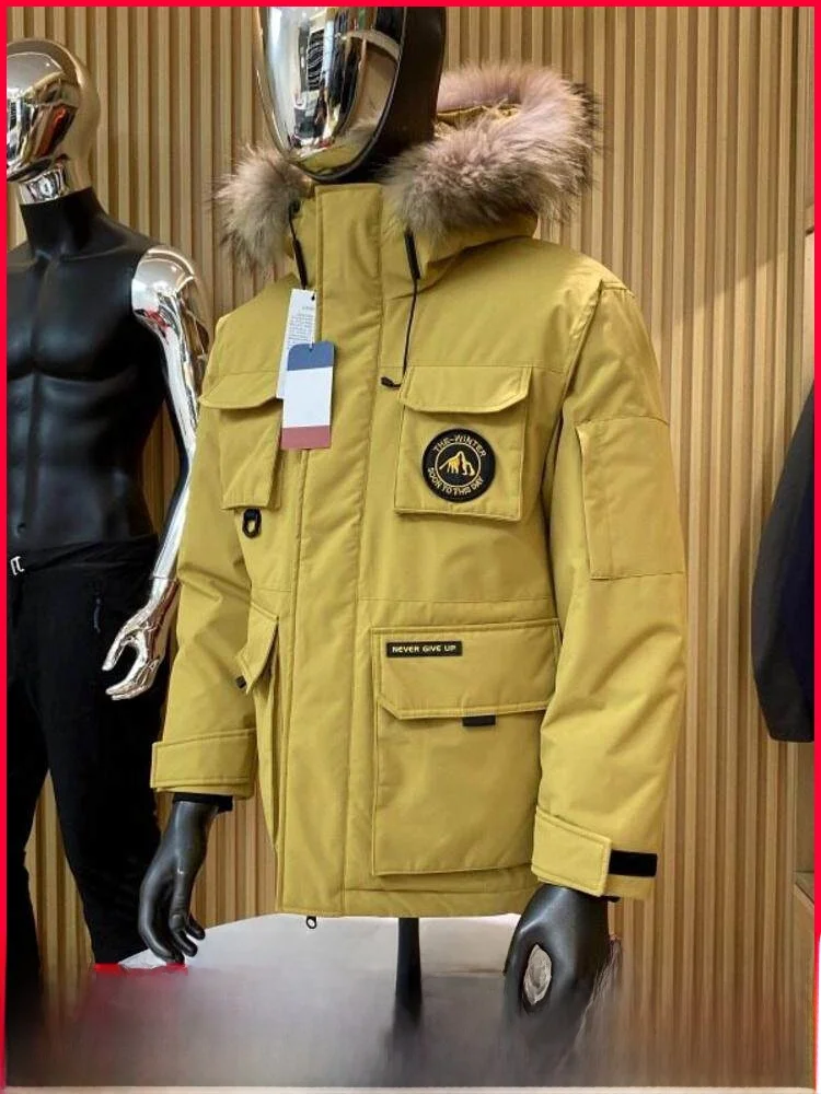 

Мужская уличная рабочая куртка-пуховик с капюшоном, воротником из натурального меха, ветрозащитная, теплая, модная, городская, прямого кроя, с наполнителем из пуха