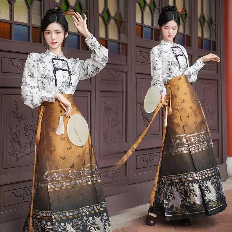 Original Hanfu Men Women Chinese Style Gold Woven Horse Face Skirt Luxury Gradient Ink Painting Standing Collar Hanfu Dress Set