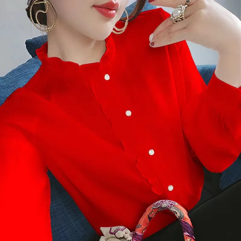 

Long Sleeve Shirts Womens Cotton Plaid Ruffled Button Down Tops Slim Fit Office Minimalist Elegant Retro Commuting Daily Spring