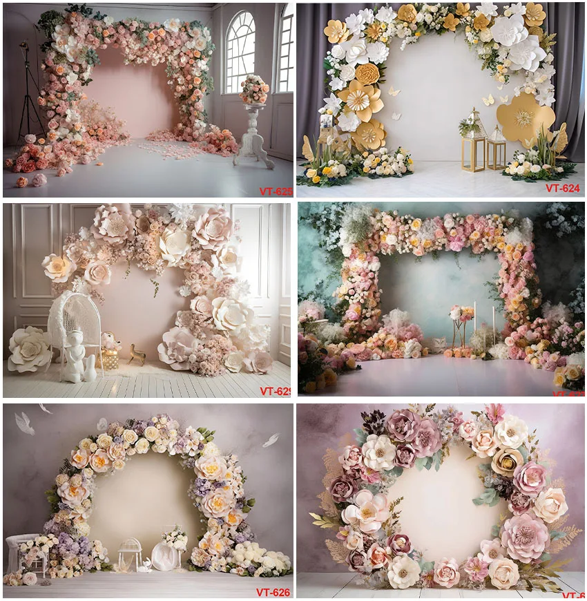 Happy Valentines Day Photography Flowers Floral Arched Shape Backdrops Bride And Groom Wedding Portrait Backgrounds Studio Photo