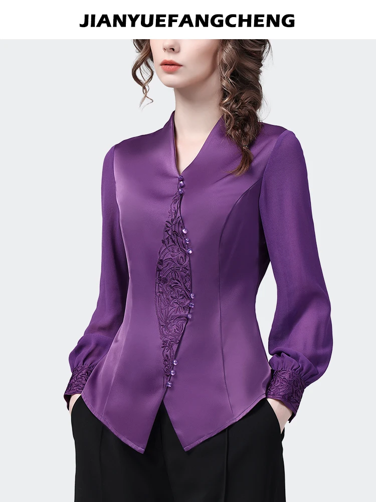 Satin Top 2023 Spring Summer Women Long Sleeve V-neck Purple Embroidered Beaded Blouse Retro Casual Slim Fit Ladies 90s Shirts