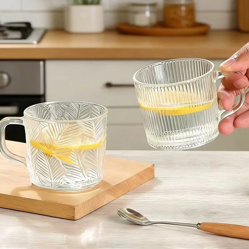 2pcs Grooved Glass Mug with Comfortable Grip, Stylish Transparent Mug for Juices or Smoothies, Brightens Every Drinking Moment