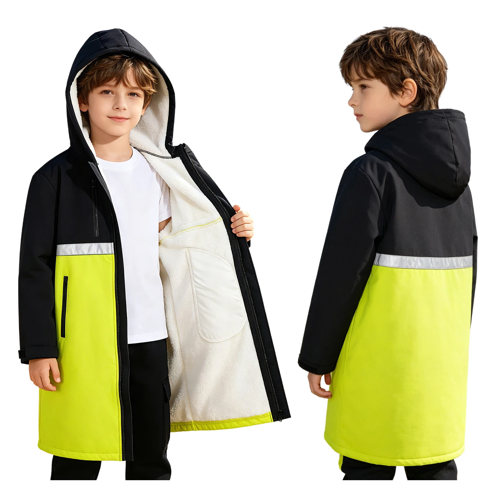 Kids Waterproof Windproof Warm Fleece Hooded Changing Robe Snow Rain Jacket Raincoat Windbreaker Swimming Surfing Diving Poncho