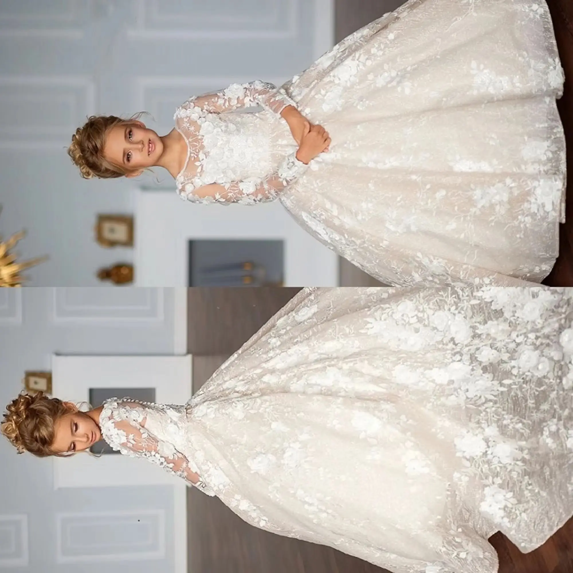 

Princess Customized Flower Girl Dresses for Wedding Full Sleeves Lace Applique Tulle Ball Gown Child Birthday Party Dress