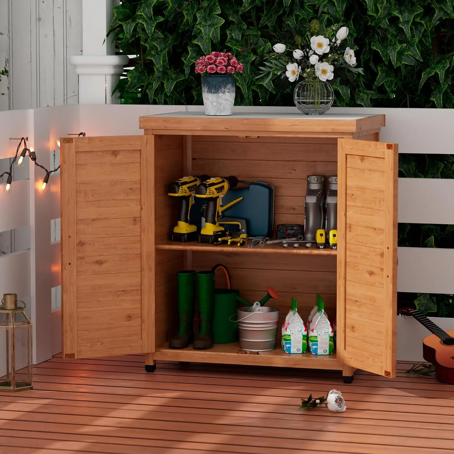 Potting Bench Storage Cabinet Metal Top Outdoor Garden Patio Backyard Work Station Table Cedar Wood Light Brown, Customized