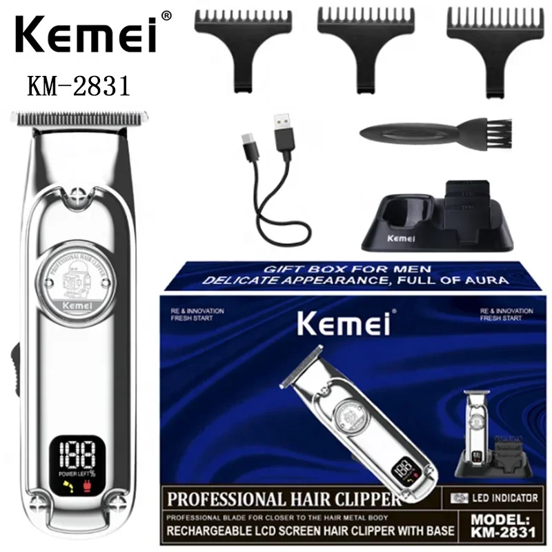 

Digital Usb Charging Metal Barber Cutting Machine Kemei Km-2831 Mini Design Metal Body Professional Hair Clipper With Base