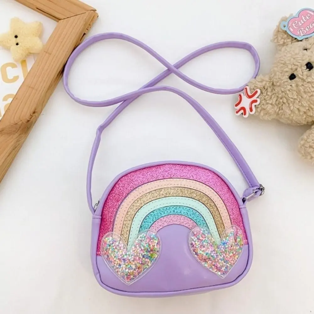 Cute PU Leather Shoulder Bags Rainbow Heart Portable Crossbody Bag Sequins Print Clutch Style Children Purse For Girls