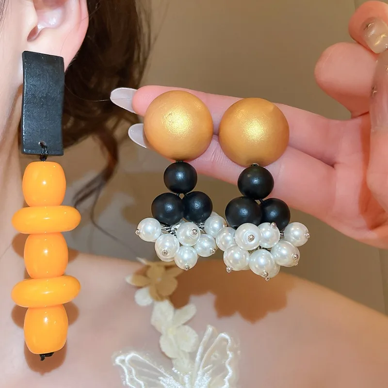 

Minar Ethnic 2 Styles Mix Color Natural Wood Beads Resin Simulated Pearl Strand Tassel Hanging Dangle Earrings for Women Gifts