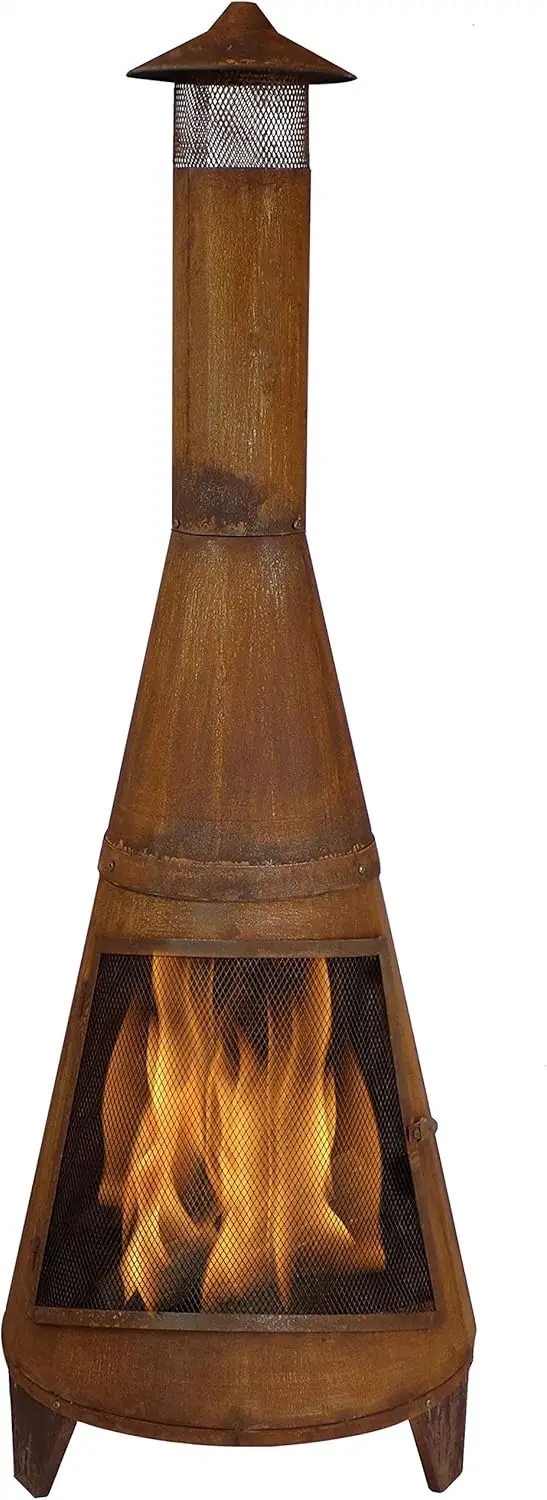 Chiminea de aço resistente rústico de 70 polegadas com tampa de chuva e tela de faísca de malha - acabamento patina enferrujada