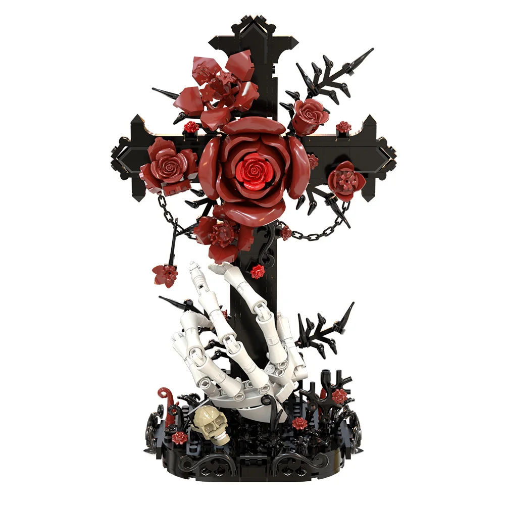MOC Red Oath Rose Cross Building Blocks Model Gothic Red Oath Rose Skeleton Cross Bricks Assembly Toys Kids DIY Birthday Gifts