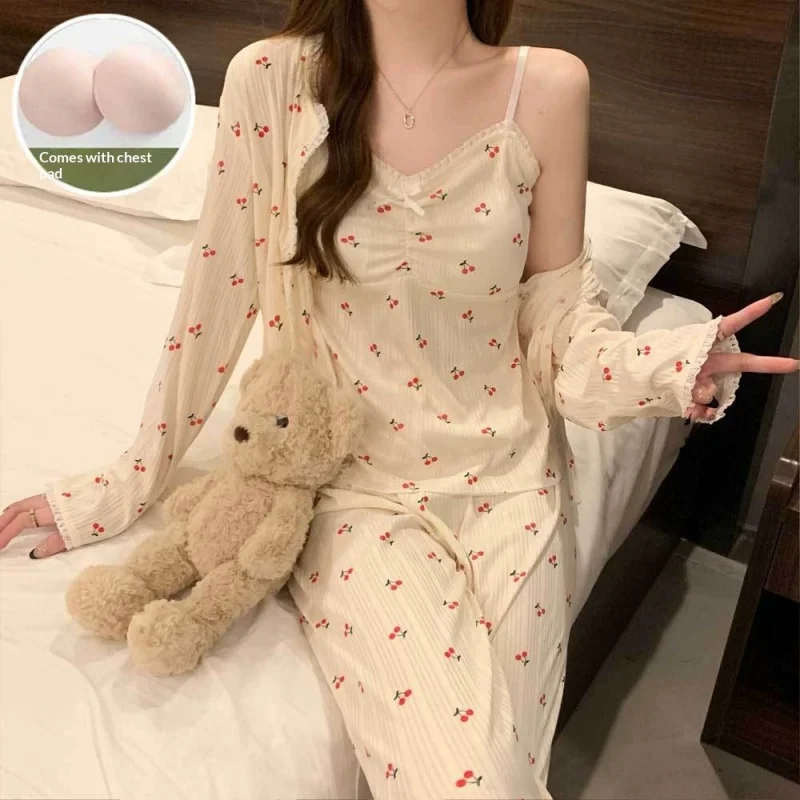 New Women's Pajamas, Long-Sleeve Camisole Three-Piece Set with Chest Pads, Pure and Cute Korean-Style Sweet Lingerie Loungewear