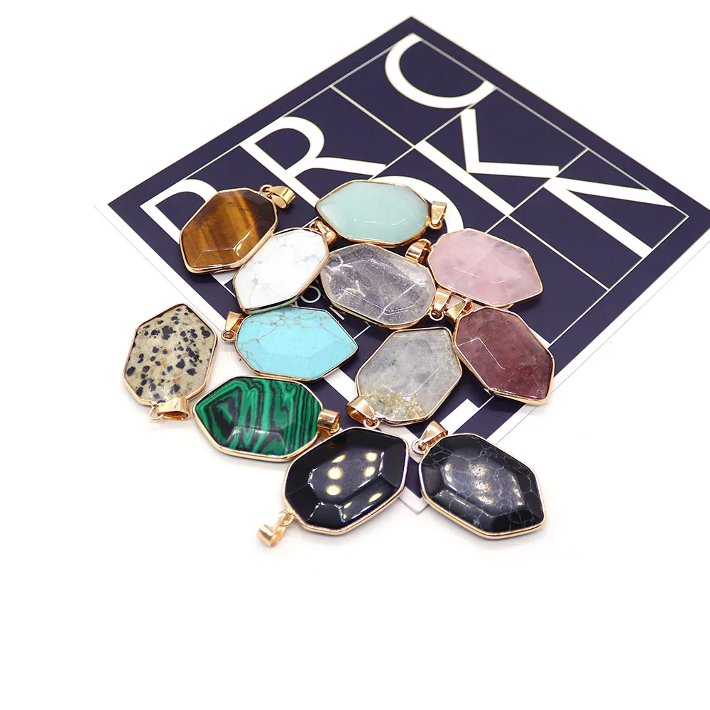 Natural Stone Polished Faceted Polygon Edge-Wrapped Single-Hole Crystal Spotted Stone Pendant DIY Accessories Necklaces Jewelry