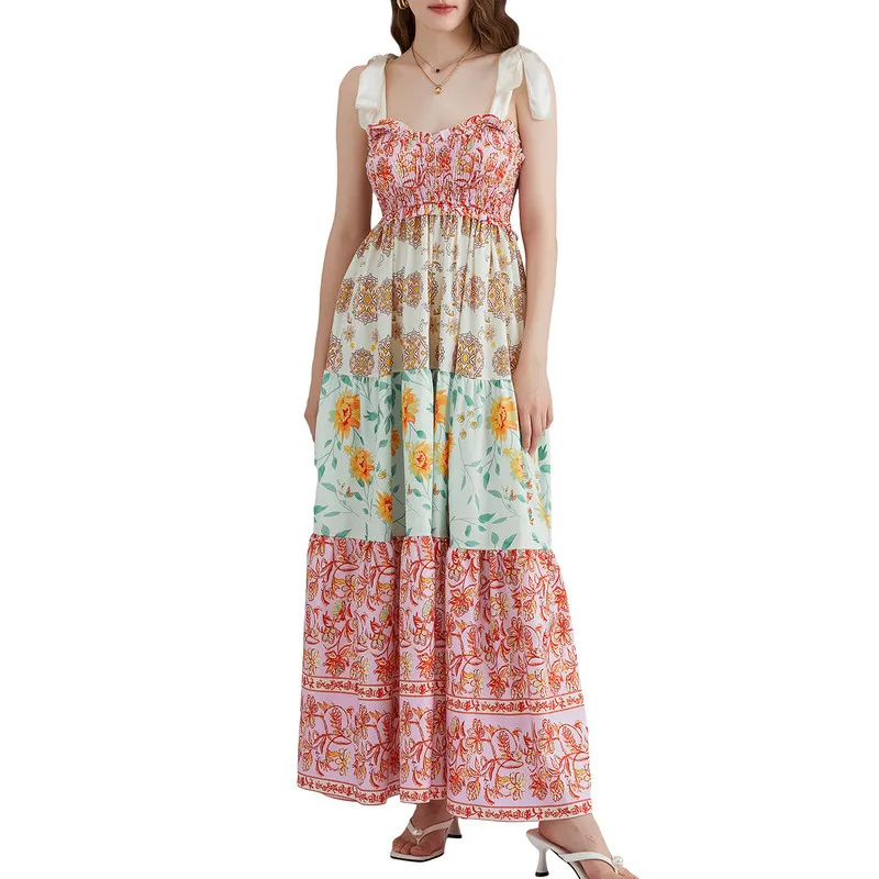 WPNAKS Women Boho canotta Dress Holiday Summer Clothes Floral Tie-Up spalline senza maniche Big Swing a-line abito lungo