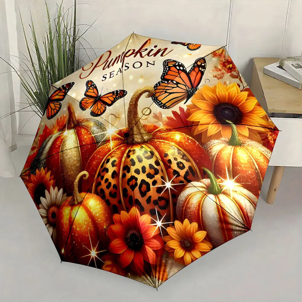 1PC Colorful Autumn Umbrella with Pumpkins and Butterflies Print 8 Iron Ribs Folding Umbrella Auto-Open Fashion Sunshade