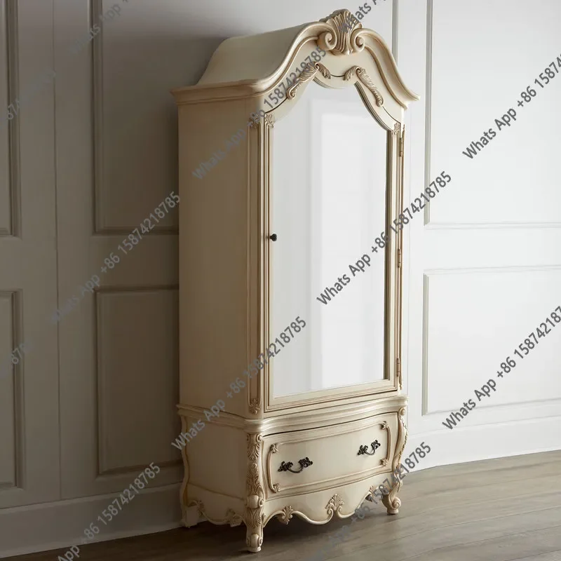 N64 French light luxury solid wood wardrobe carved American country oak ivory white lying storage wardrobe European furniture cu