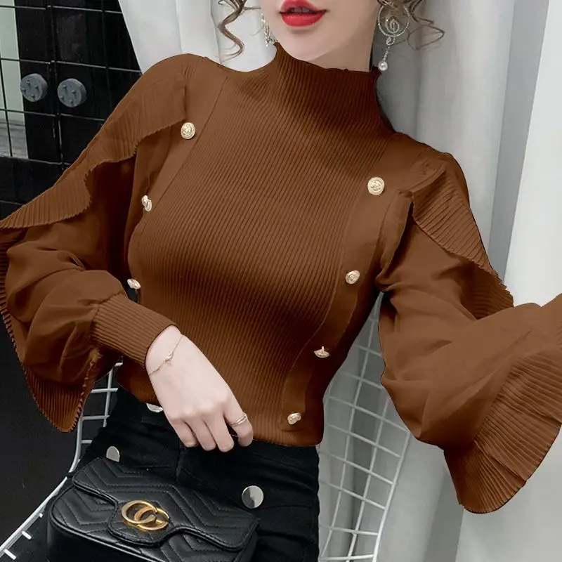 Oversize Versatile Commuter Women\'s Clothing Autumn and Winter New Buttons Half High Collar Long Sleeve Solid Color Pullover