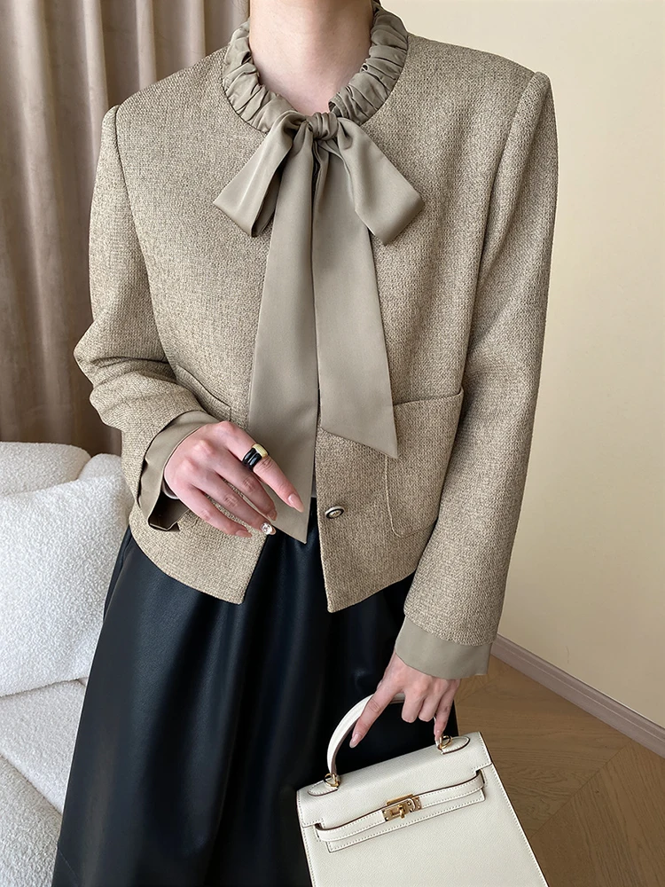 

Loose Fit Gray Elegant Big Size Short Jacket New Bow Collar Long Sleeve Women Coat Fashion Tide Spring Autumn O626