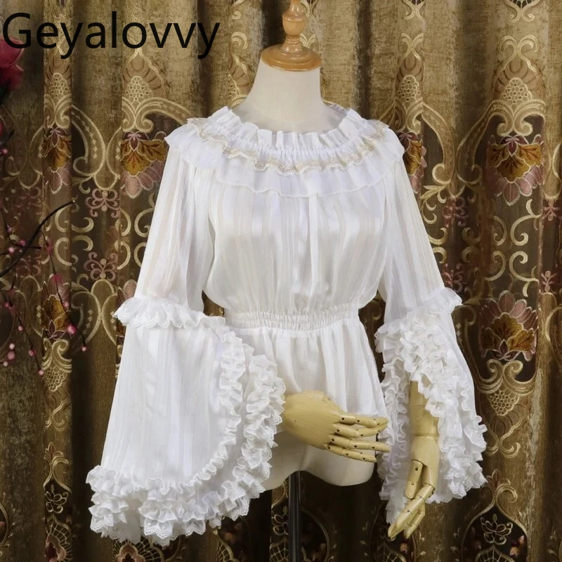 Camicetta originale Lolita dolce e carina per ragazza Girocollo Top interno Phnom Penh Camicia in chiffon aderente a maniche lunghe con corno a righe