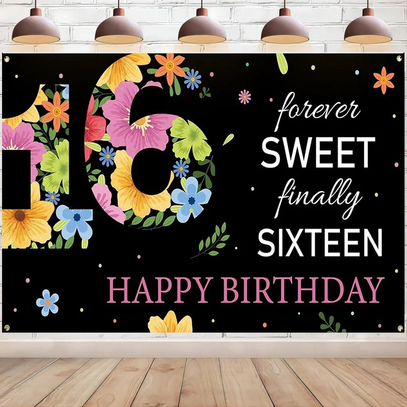 

Sweet 16 Birthday Backdrop Party Decoration Floral Happy 16th Birthday 16 Year Old Yard Sign Banner Photo Background Supplies