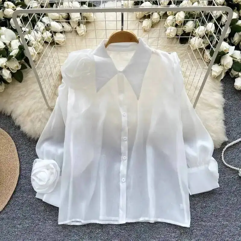 

Babyoung Ранняя осень, милые трехмерные рубашки с рукавами-фонариками и цветочным сложеным, женские однотонные однобортные блузки