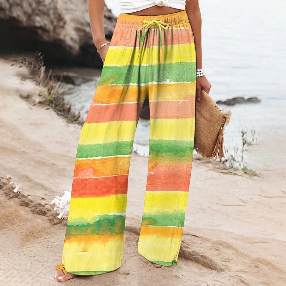 

Women's Casual Trousers Colorful Color Matching New Year Style Elastic Waisted Wide Leg Pants One-Piece Oversized Daks Summers