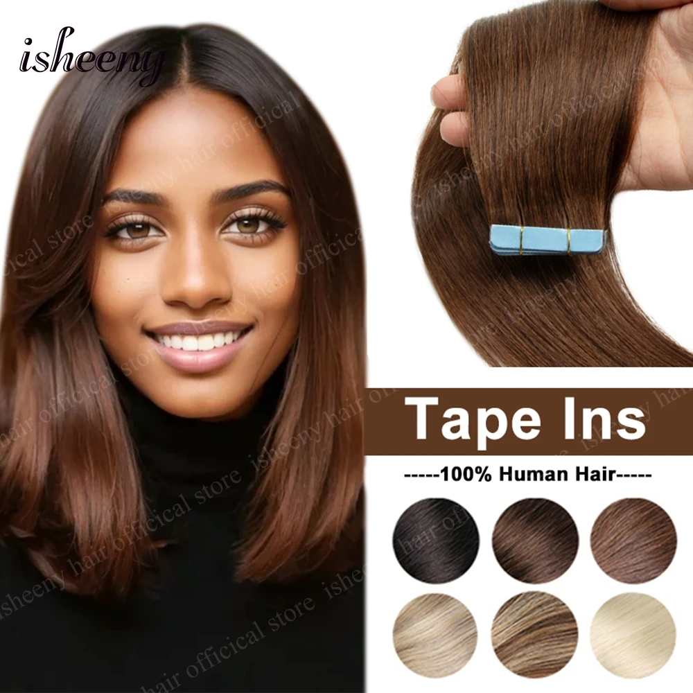 

Легкая лента isheeny для наращивания человеческих волос 12 "-22", прямая клейкая лента из искусственной кожи с утком, 20 шт./упак., 30 г для женщин