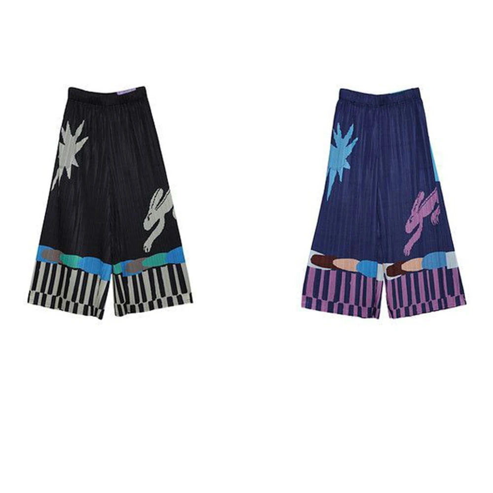 Pleated summer new FUN series elastic waist pocket fun printing casual straight-leg pants women trousers