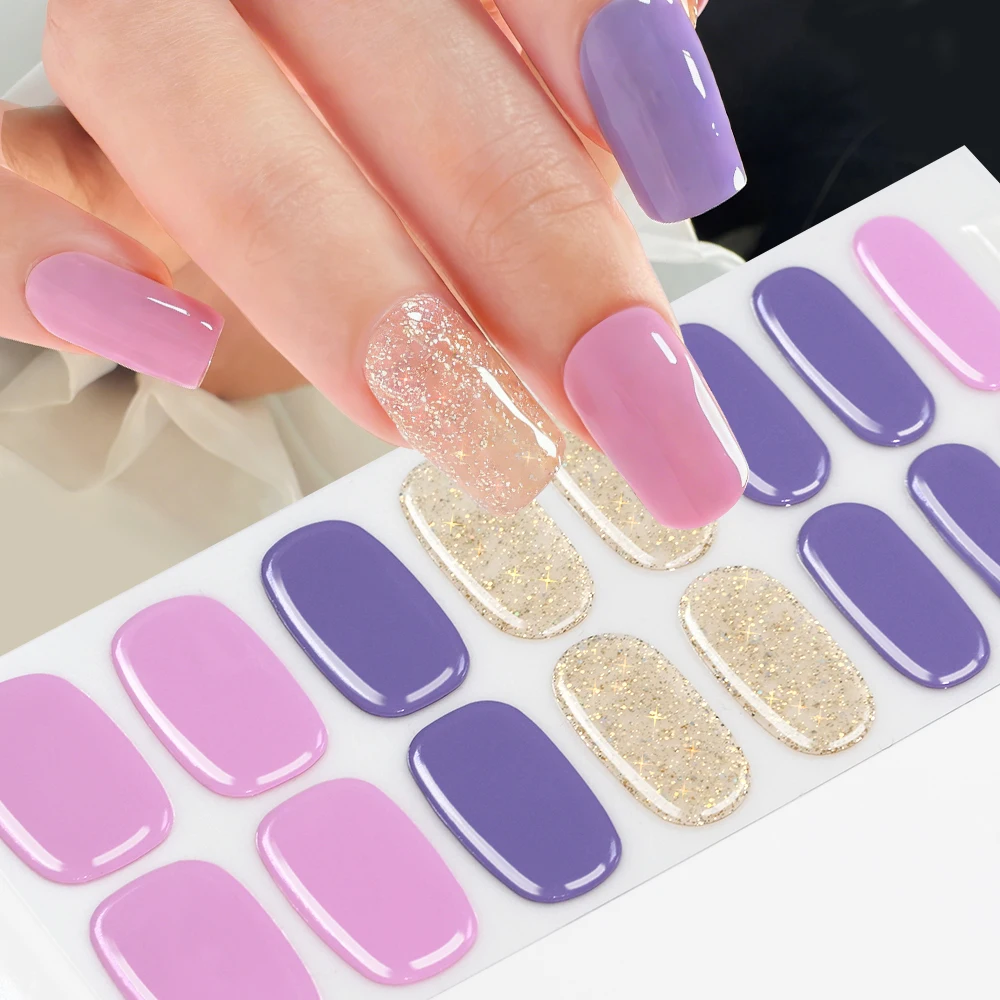 16Tips Solid Color & Glitter Semi Cured Gel Nail Strips Self-Adhesive Baking Free Elegant Gel Nail Sticker Full Coverage Decals