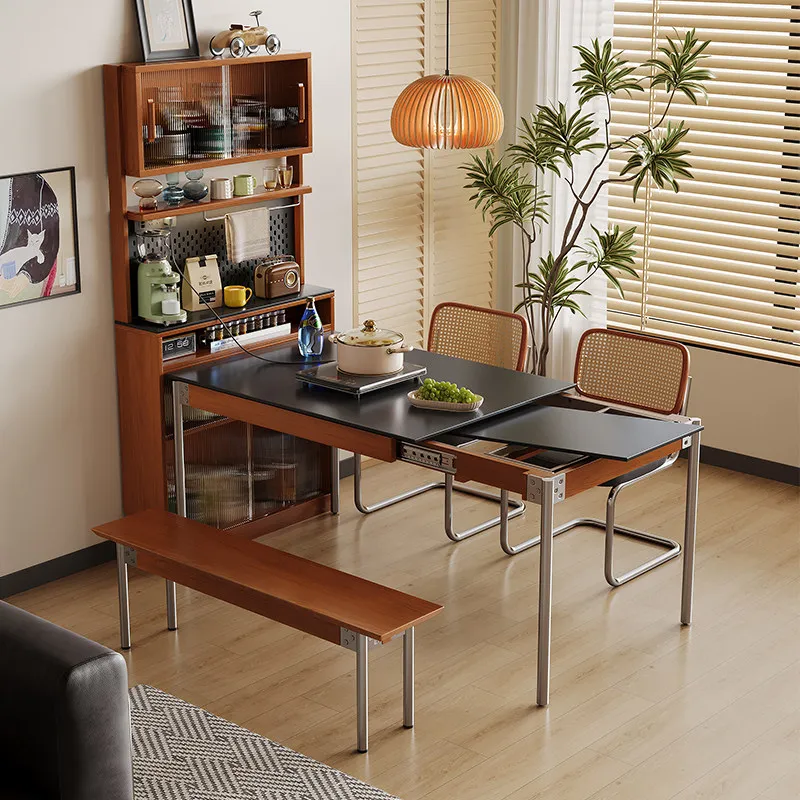Cabin Nordic medieval retractable rock slab dining table solid wood foldable small apartment dining table dining table and chair