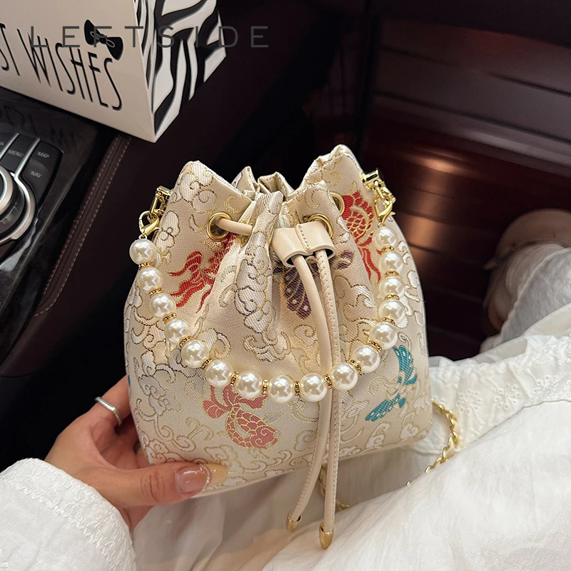 

LEFTSIDE Chinese Style Mini Shoulder Bags for Women 2025 Summer New Trend Crossbody Bag Females Chain ​Bucket Bags Handbags