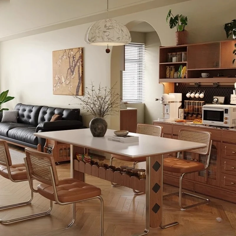 طاولة طعام ذات بلاطة صخرية فرنسية بتصميم مستطيل منزلي من الخشب الصلب من الفولاذ المقاوم للصدأ وطاولة طعام باوهاوس #1